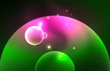Neon shiny transparent glowing circles with light effects. Techno futuristic vector abstract background For Wallpaper, Banner, Background, Card, Book Illustration, landing page