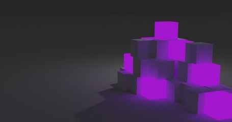 Abstract structure purple cubes with neon effect in dark background. 3D illustration