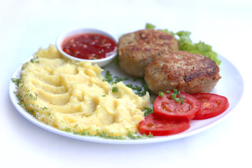 Pork cutlets with mashed potatoes, dishes of Russian national cuisine