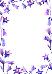 Fototapeta na wymiar Watercolor frame with bluebell flowers. Spring watercolor illustration, inscription or photo template