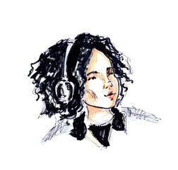 hand drawn sketch portrait of teenager in headphones isolated on white