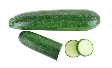 Top view Fresh green zucchini with slice isolated on white background.