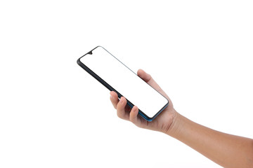 Smartphone Mock up, Asian girl Hand holding mobile phone and using touching screen isolated on white background, selective focus and copy space.