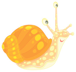 Funny garden snail with a beautiful striped and spotted shell, friendly smiling and slowly crawling somewhere, vector cartoon illustration on a white background