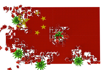 3d rendering of healthcare and medicine Concept. Corona viruses are shattering the national flag of China. Puzzle pieces scattered all around Close up. stay at home, stay safe. Querantine.