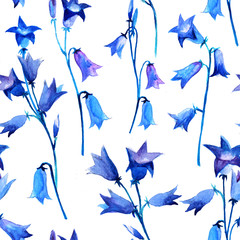 Watercolor seamless pattern chicory bluebell flowers. Spring watercolor illustration