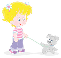 Cheerful little girl walking together with her merry grey puppy, vector cartoon illustration on a white background