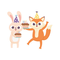 happy day, little fox rabbit with cakes and party hats