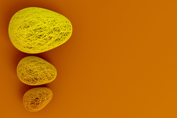 Easter concert. Three eggs woven from many thin threads lying on a uniform background. 3D illustration.