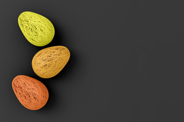 Easter concert. Three eggs woven from many thin threads lying on a uniform background. 3D illustration.