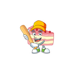 Strawberry slice cake cartoon design concept of hold baseball stick