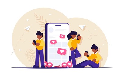 Social networking. Young man and woman using mobile app for texting and pushing like button in social media and dating app. Modern flat vector illustration.
