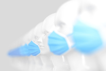 A group of women's shiny white fashion mannequin heads standing in a row in bright blue medical masks on a light background. 3D illustration.