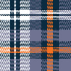 Plaid pattern seamless vector texture. Herringbone tartan check plaid background in purple, orange, white for flannel shirt, blanket, throw, duvet cover, or other autumn winter textile design.