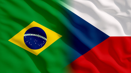 Waving Czech Republic and Brazil National Flags with Fabric Texture