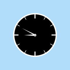 Office clock. Black clock on blue background. Ten minute to nine o'clock on the dial. Ten minute to twenty-one hours on the dial. Flat. Vector illustration