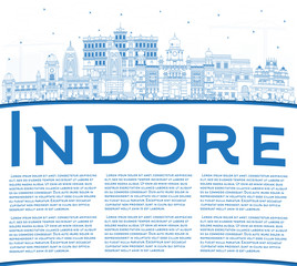 Outline Indore India City Skyline with Blue Buildings and Copy Space.