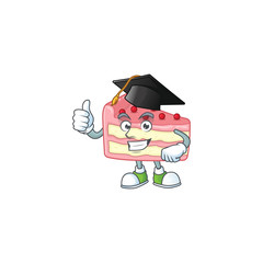 Mascot design concept of strawberry slice cake proudly wearing a black Graduation hat