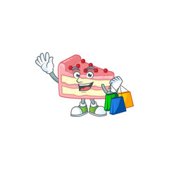 cartoon character concept of rich strawberry slice cake with shopping bags