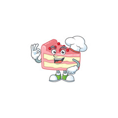 Strawberry slice cake cartoon design style proudly wearing white chef hat