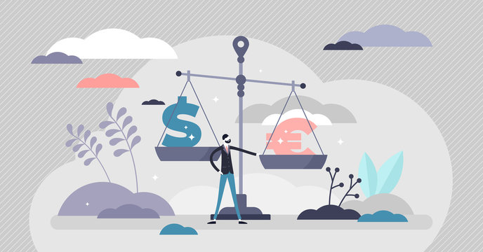 Euro vs dollar vector illustration. Exchange money flat tiny persons concept