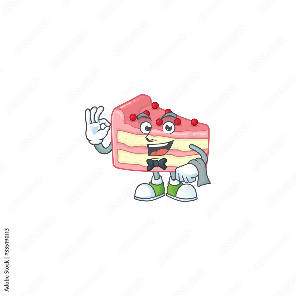 Wall mural A strawberry slice cake waiter cartoon character ready to serve