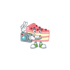 Strawberry slice cake photographer mascot design concept using an expensive camera