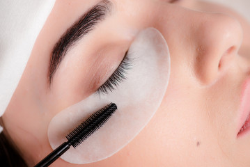 Eyelash extension process. Closeup portrait of young girl, woman with long and thick eyelashes, eyes closed and hand of a cosmetologist adding more eyelashes to her.