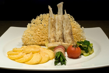 Fusion cuisine dish in a white dish