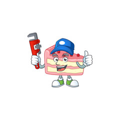 Mascot design concept of strawberry slice cake work as smart Plumber