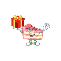 Charming strawberry slice cake mascot design has a red box of gift