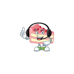 Strawberry slice cake cartoon character style speaking on headphone