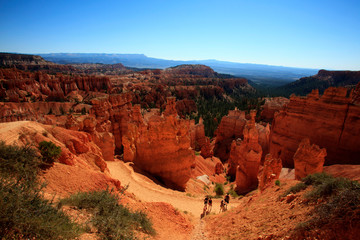 Utah / USA - August 22, 2015: Tourists look Hoodoo landscape and rock formation from a pathway in Bryce Canyon National Park, Utah, USA