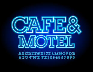 Fototapeta na wymiar Vector neon sign Cafe & Motel. Blue electric Font. Glowing Alphabet Letters and Numbers