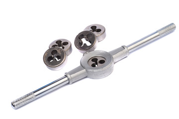 Hand tool for cutting threads with interchangeable dies isolated on a white background