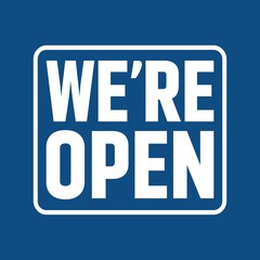 We are open sign. Letter board isolated on classic blue background