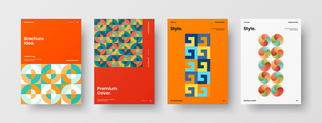 Fototapeta premium Company identity brochure template collection. Business presentation vector A4 vertical orientation front page mock up set. Corporate report cover abstract geometric illustration design layout bundle.