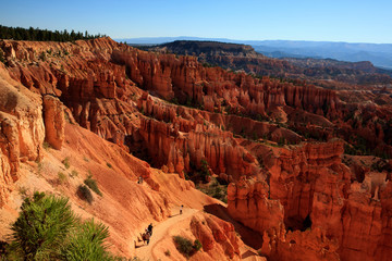 Utah / USA - August 22, 2015: Tourists look Hoodoo landscape and rock formation from a pathway in Bryce Canyon National Park, Utah, USA