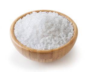 Fototapeta na wymiar Sea salt in wooden bowl isolated on white background with clipping path