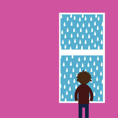 A man stands at the window and looks out. A back inside view. It's raining outside. White frame on pink background. Art vector illustration.
