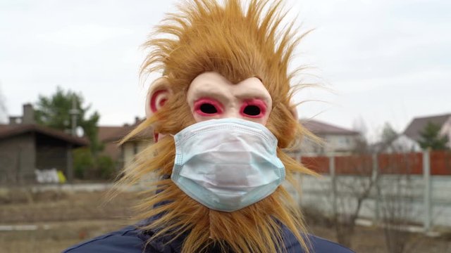 monkey in medical mask outdoors looking scared shocked and frustrated