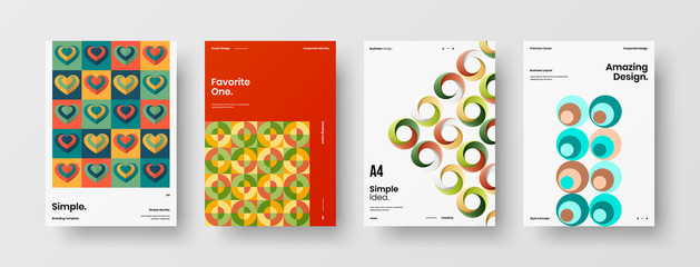 Fototapeta premium Company identity brochure template collection. Business presentation vector A4 vertical orientation front page mock up set. Corporate report cover abstract geometric illustration design layout bundle.