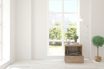Stylish empty room in white color with summer landscape in window. Scandinavian interior design. 3D illustration