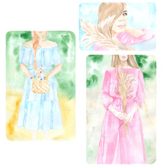 Watercolor set of cards with the image of a girl walking on the field. Great in the design of printing, textiles, photo albums, web sites and other creative applications.