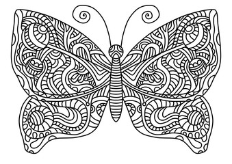 Fairytale butterfly coloring book for children and adults. Stylish ornaments. Dood and Zen, meditation, relaxation.