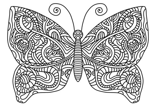 Fairytale butterfly coloring book for children and adults. Stylish ornaments. Dood and Zen, meditation, relaxation.