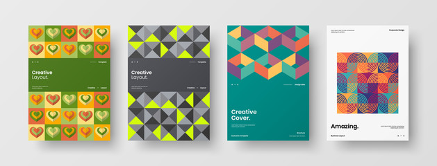 Company identity brochure template collection. Business presentation vector A4 vertical orientation front page mock up set. Corporate report cover abstract geometric illustration design layout bundle.