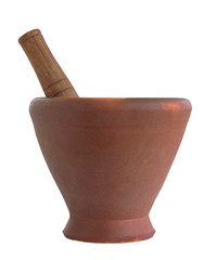 Terracotta mortar and wood, isolated on a white background