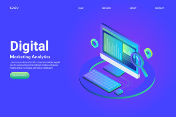 Digital marketing, big data analysis, business intelligence, marketing statistic and information, data monitoring on laptop screen, isometric design concept. Web banner template with text.