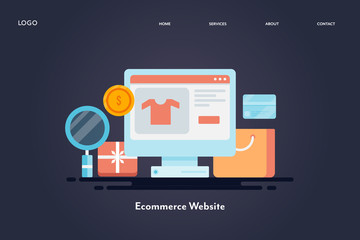 Ecommerce website, online shopping portal, ecommerce seo, search marketing and advertising concept. Business and technology. Web banner template.